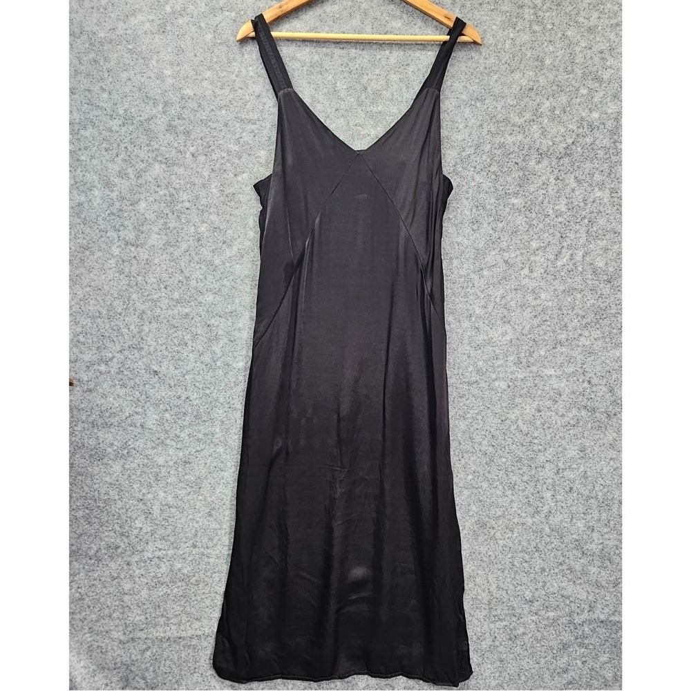 HM Satin Slip Dress Womens 2 XS Black Shift Midi Slit Cocktail Goth Flowy Drape